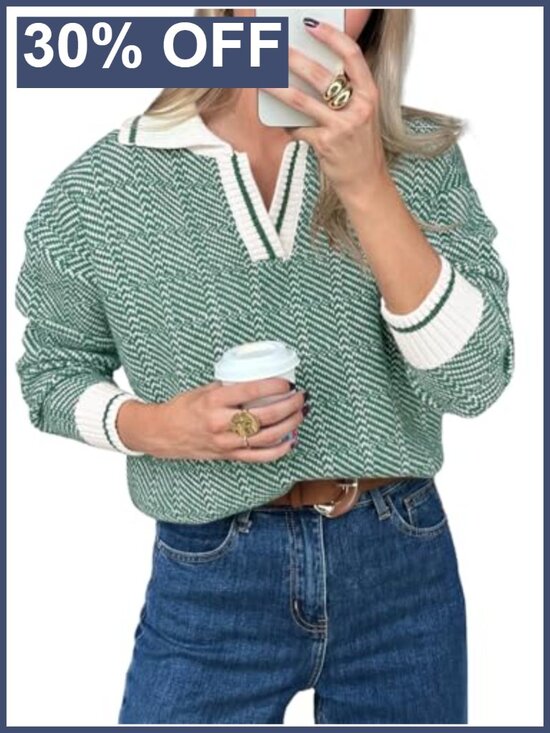 Sweaters - Womens Chunky Knit V Neck Lapel Collar Color Block Sweater Pullover